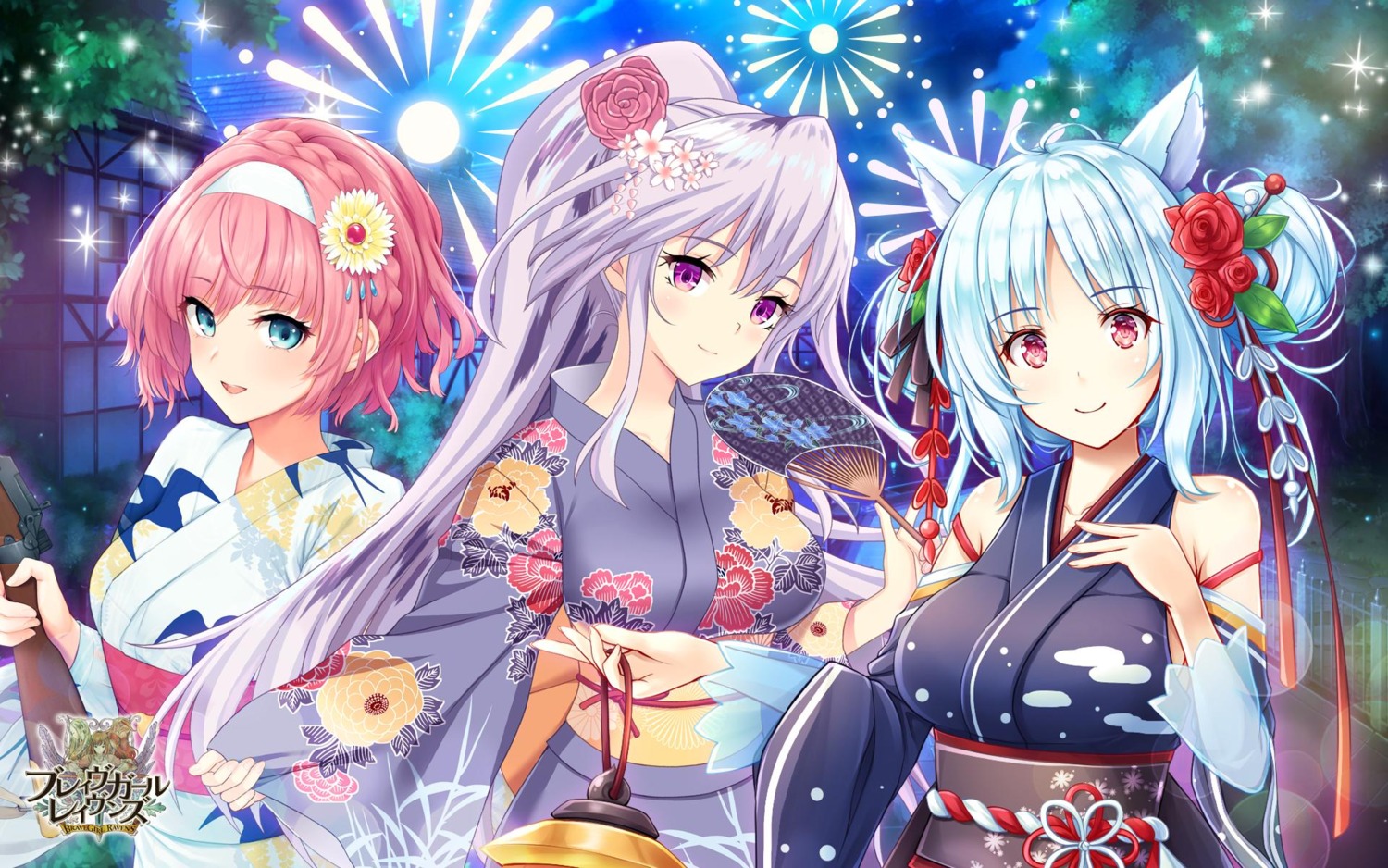 akashio, animal_ears, brave_girl_ravens, breast_hold, f-cla, gun, wallpaper, yukata