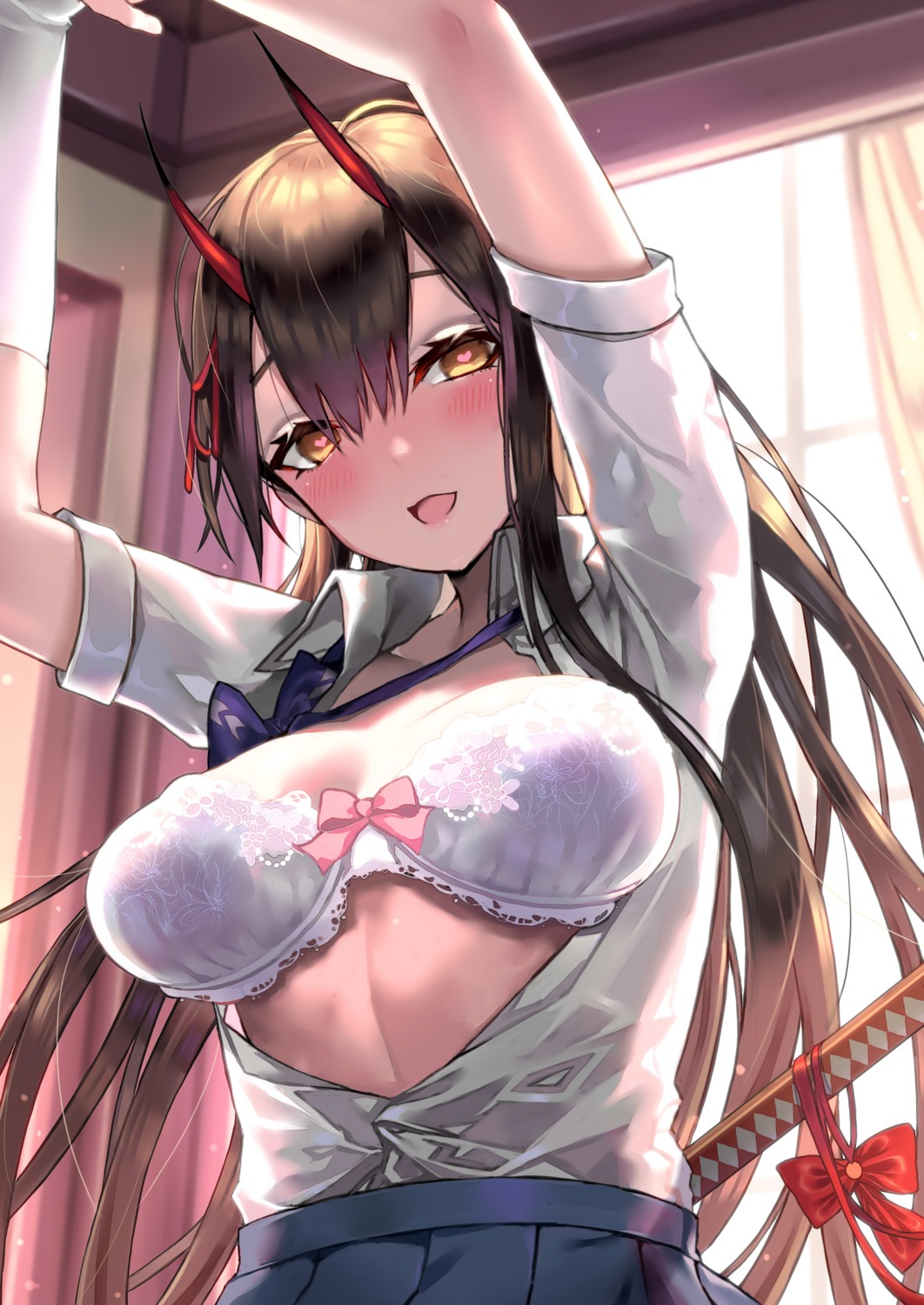 azur_lane, bra, cleavage, denchu_(kazudentyu), horns, open_shirt, seifuku, suzuya_(azur_lane), sword