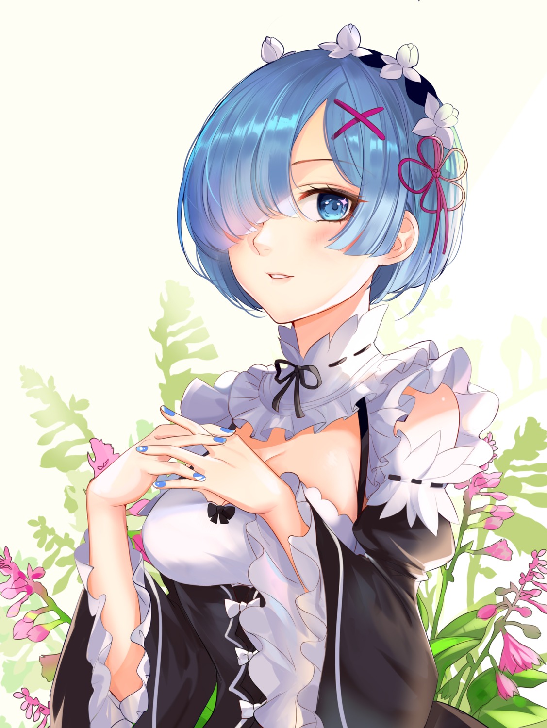 cleavage, lan_yu, maid, re:zero_kara_hajimeru_isekai_seikatsu, rem_(re_zero)