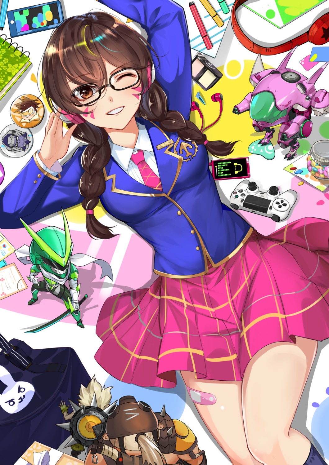 bandaid, d.va, genji_(overwatch), headphones, junkrat, lan_yu, megane, overwatch
