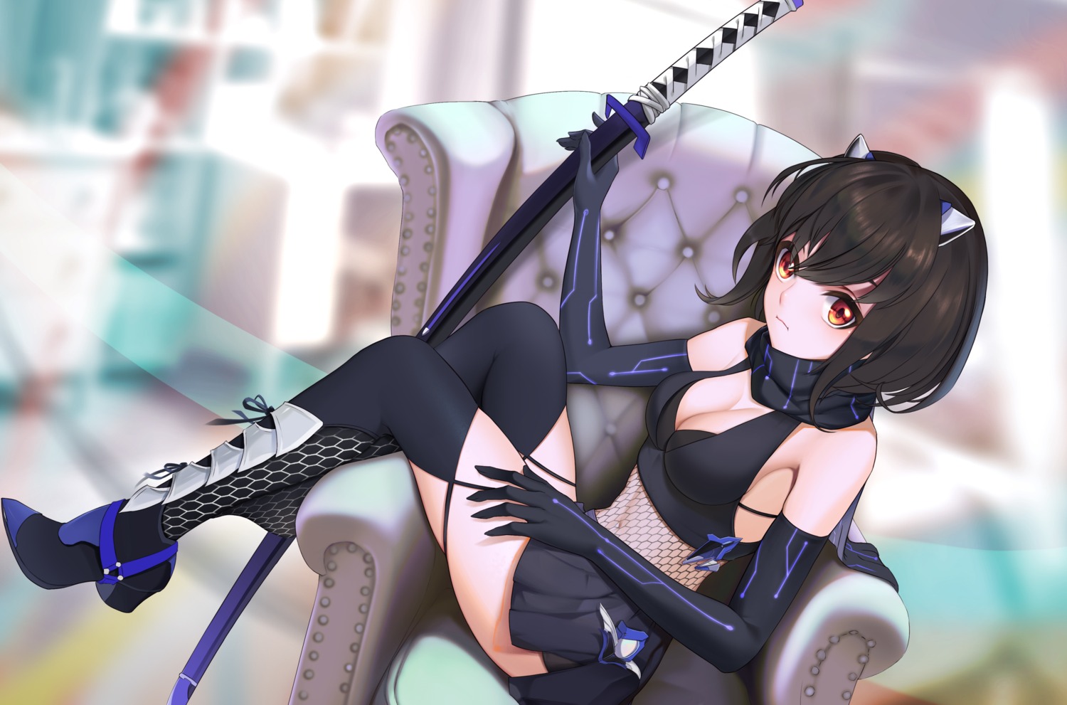 cleavage, fishnets, heels, horns, sword, thighhighs, xiumu_pianzhou