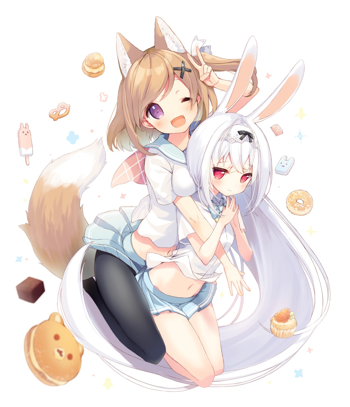 animal_ears, bunny_ears, cynthia_riddle, kitsune, p19, pantyhose, seifuku, shirt_lift