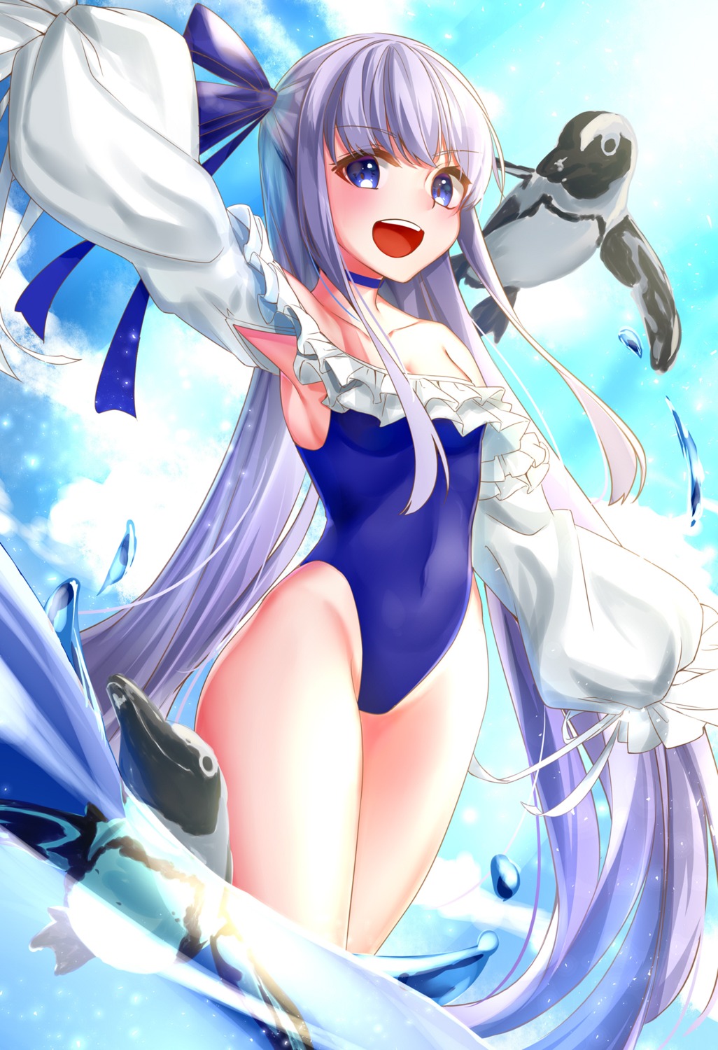 cleavage, fate/grand_order, meltryllis, penguin, rukinya_(nyanko_mogumogu), swimsuits, wet