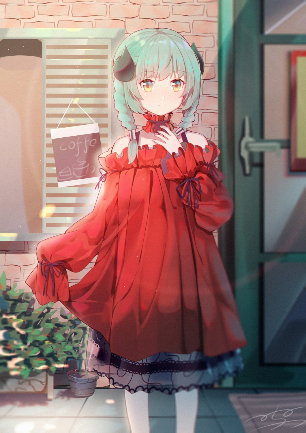 dress, horns, menghuan_tian, pantyhose, see_through