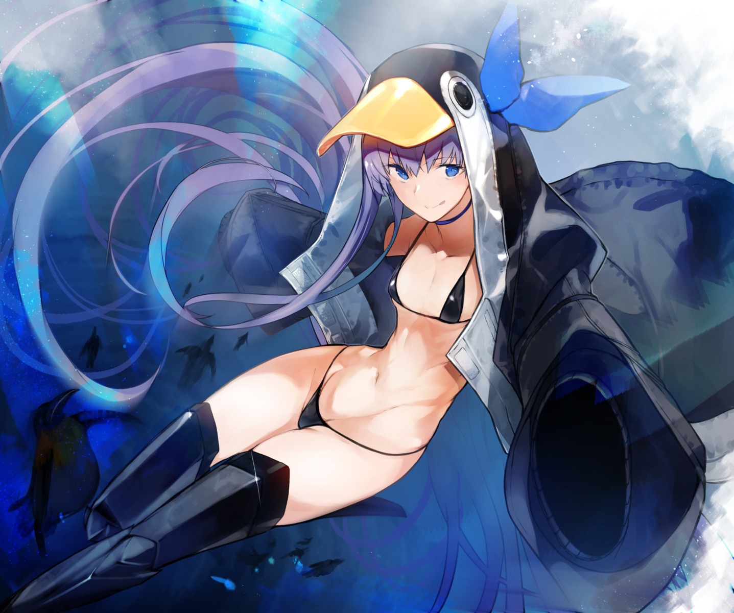 bikini, fate/grand_order, meltryllis, nishiide_kengorou, open_shirt, penguin, swimsuits, thighhighs