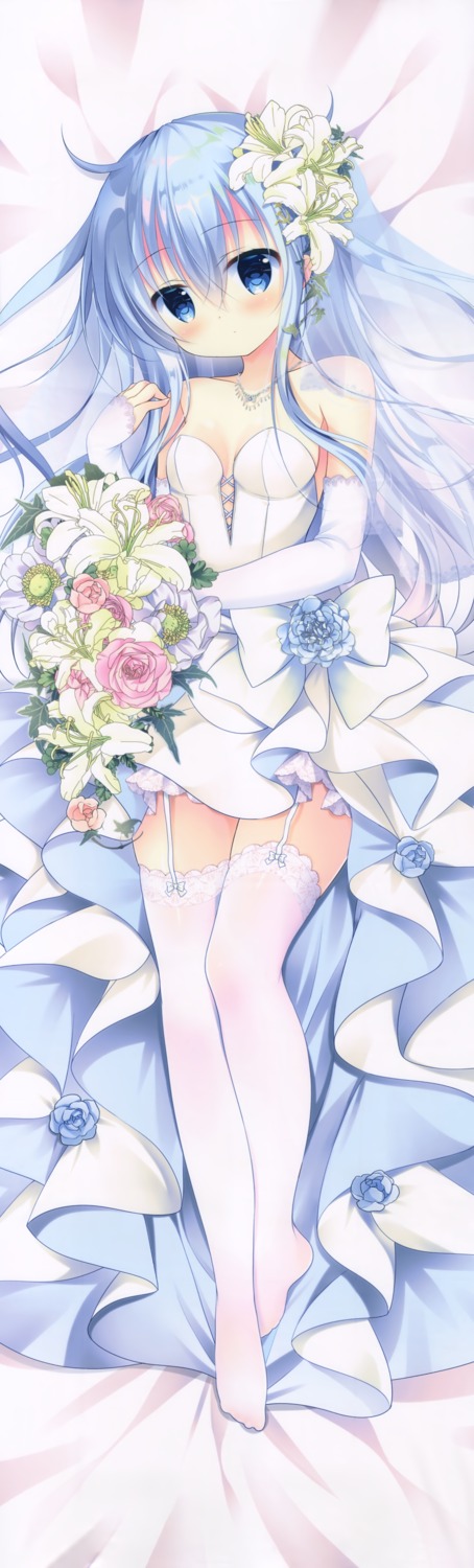 dakimakura, dress, hibiki_(kancolle), kantai_collection, milk_bar, no_bra, shirogane_hina, stockings, thighhighs, verniy_(kancolle), wedding_dress
