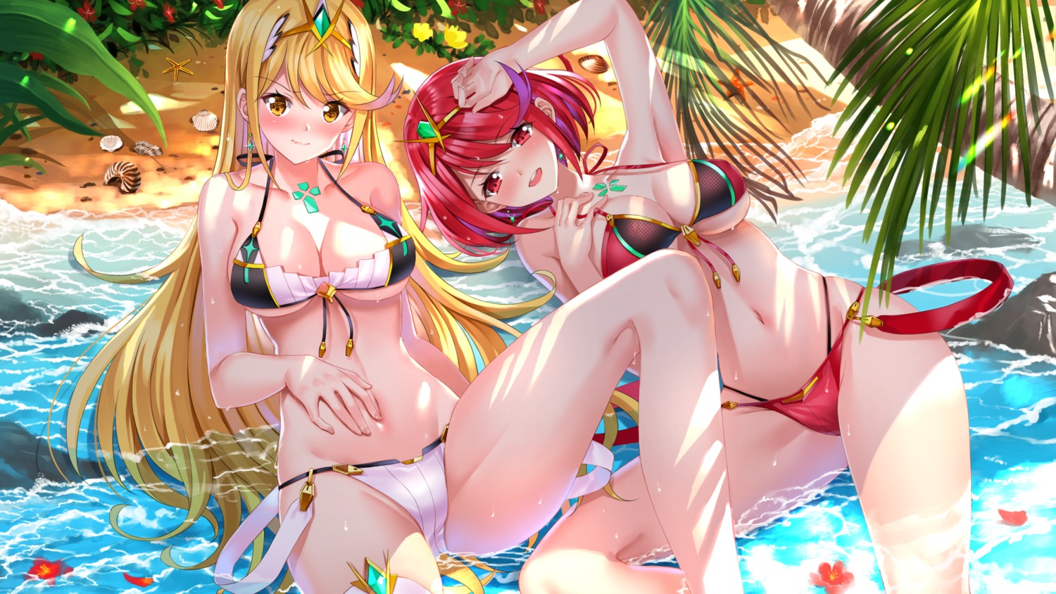 bikini, cleavage, garter, hikari_(xenoblade_2), homura_(xenoblade_2), swimsuits, swordsouls, underboob, wet, xenoblade_(series), xenoblade_2