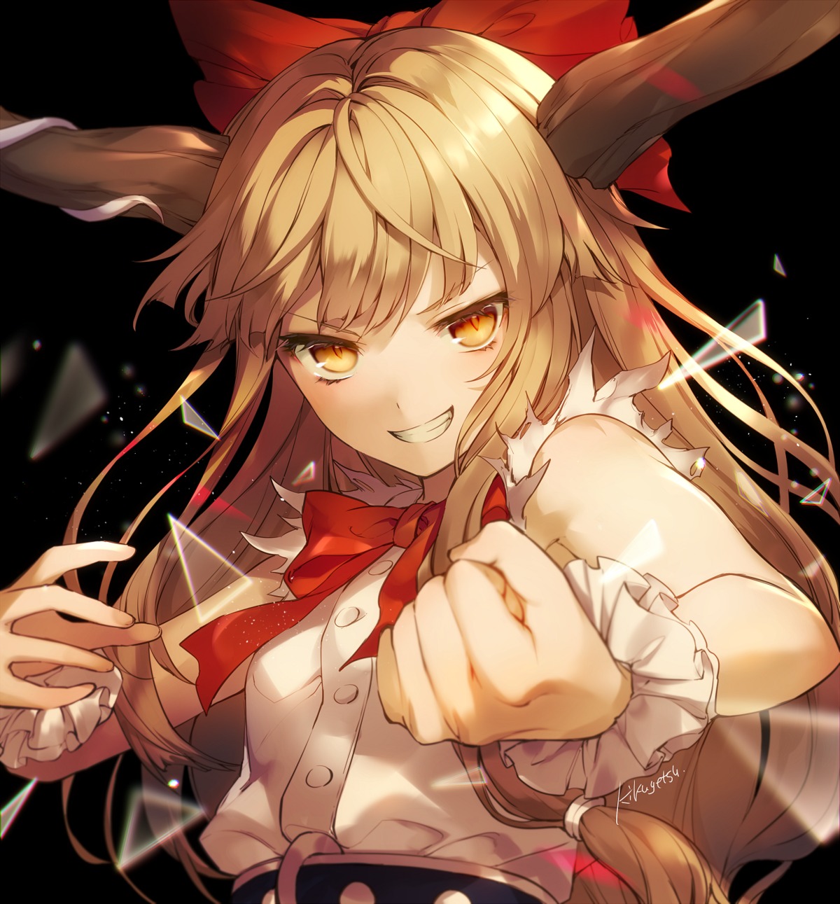horns, ibuki_suika, kikugetsu, torn_clothes, touhou