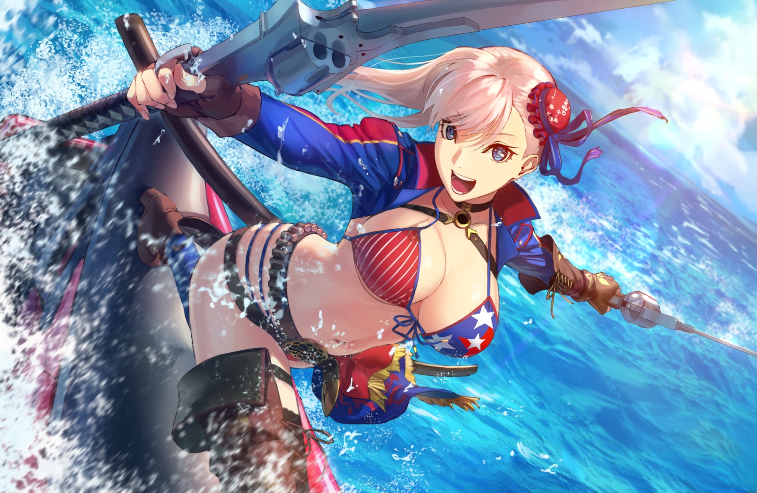bikini, fate/grand_order, garter, heels, miyamoto_musashi_(fate), swimsuits, sword, thighhighs