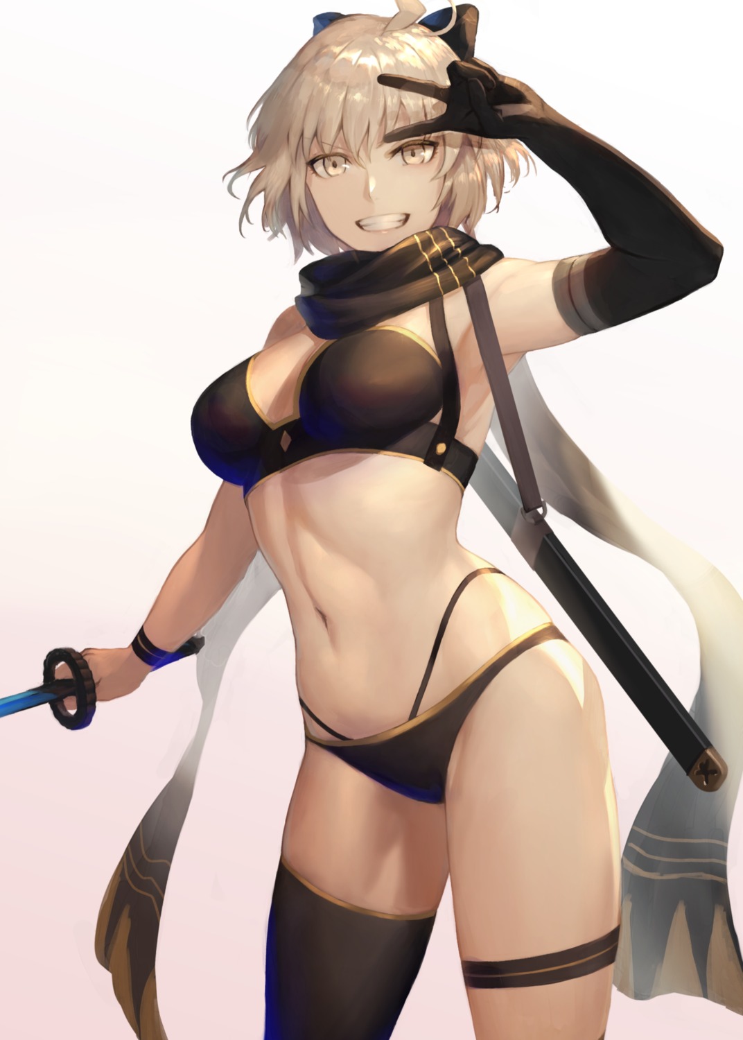 bikini, cleavage, fate/grand_order, garter, okita_souji_(fate), peperon, swimsuits, sword, thighhighs