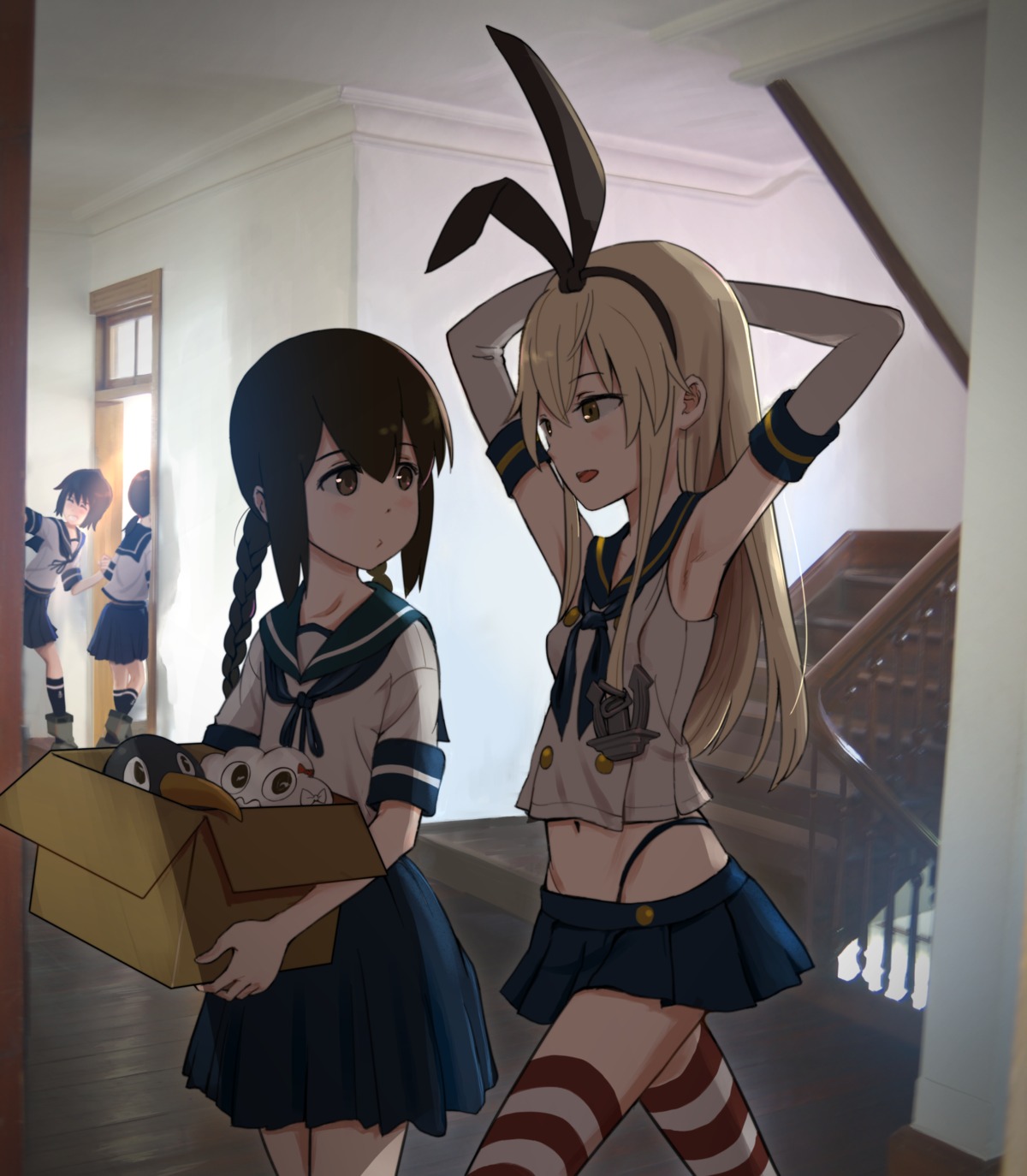 fubuki_(kancolle), h_k_white, isonami_(kancolle), kantai_collection, miyuki_(kancolle), pantsu, seifuku, shimakaze_(kancolle), thighhighs