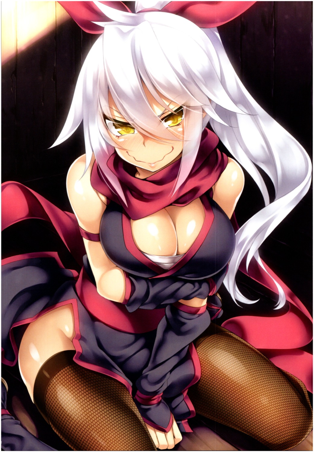 breast_hold, cleavage, fishnets, ichijou_hitoshi, japanese_clothes, ninja, nopan, open_shirt
