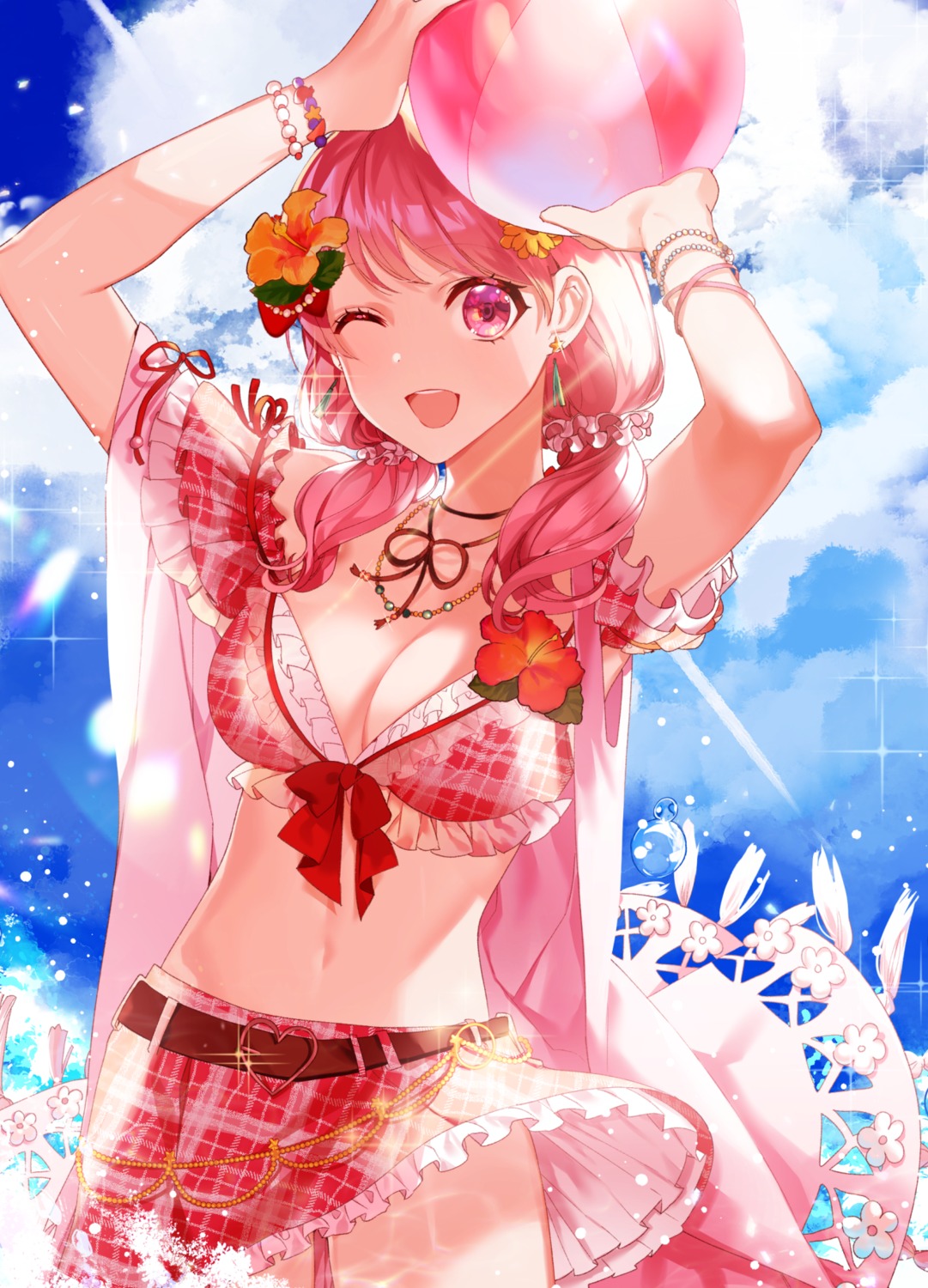 bang_dream!, bikini_top, cleavage, maruyama_aya, open_shirt, s2riridoll, skirt_lift, swimsuits