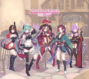 armor, bandages, cleavage, fishnets, heels, hiiragi_anna, horns, japanese_clothes, kuraishi_eriko, princess_connect!, princess_connect!_re:dive, stockings, sword, tachiarai_ruka, tagme, tail, tanno_nanaka, thighhighs, weapon, witch, yoigahama_mitsuki