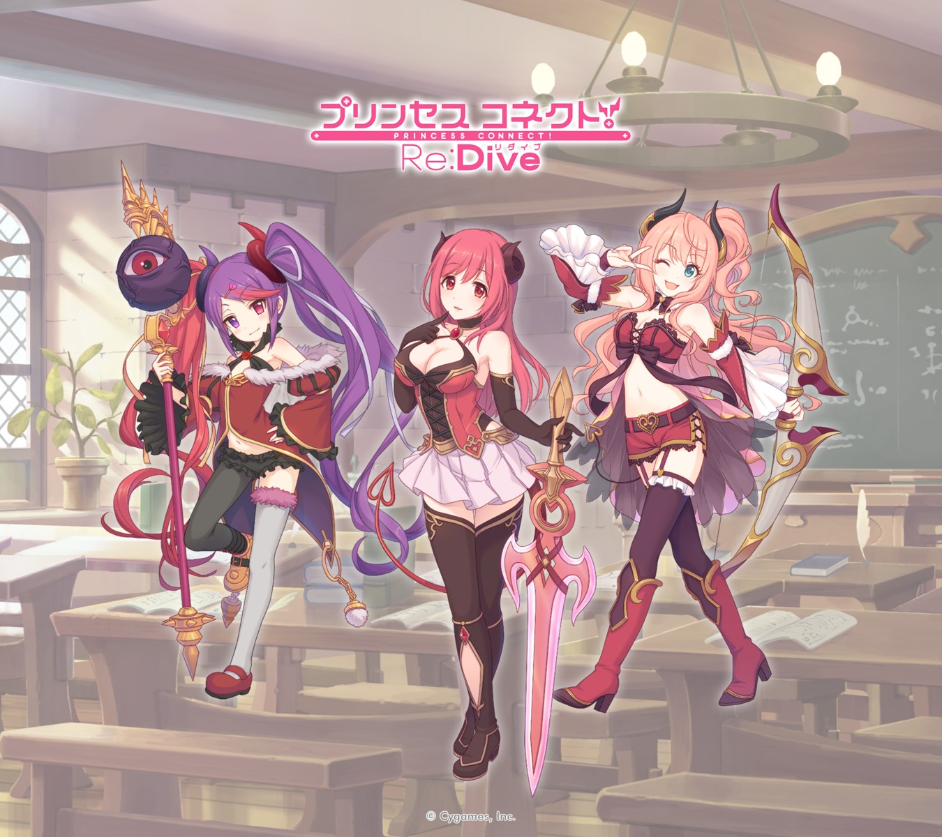 cleavage, hasekura_io, heels, horns, minami_suzuna, princess_connect!, princess_connect!_re:dive, stockings