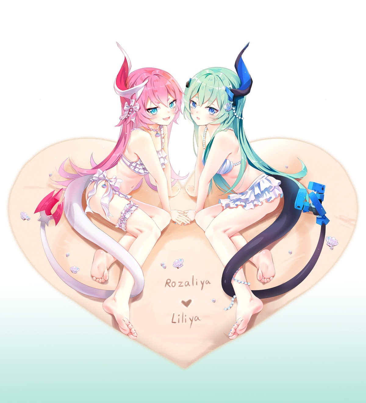 bikini, feet, garter, honkai_impact, horns, liliya_olenyeva, rozaliya_olenyeva, swimsuits, tail, xixi, yuri