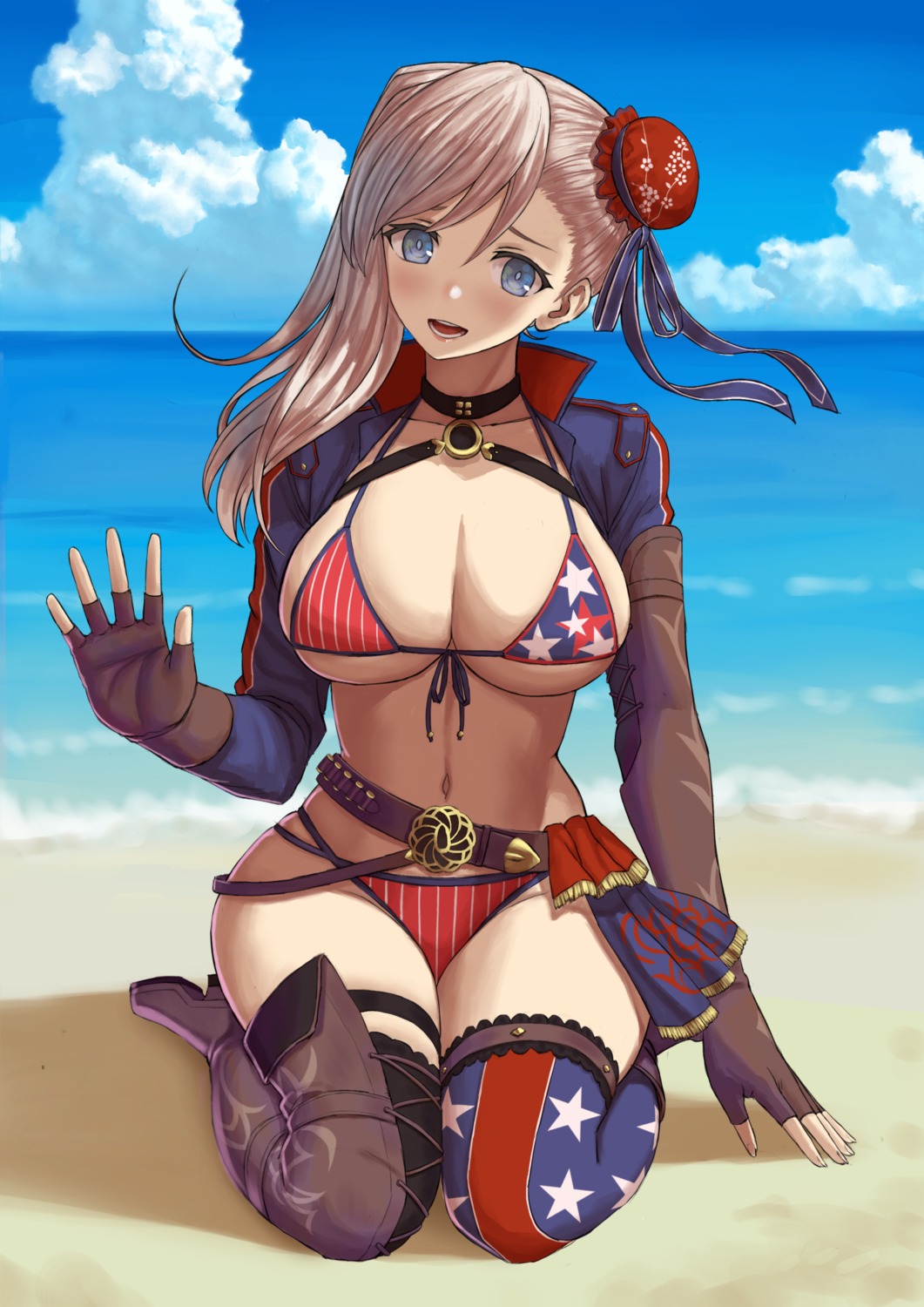 arisku, bikini, fate/grand_order, garter, miyamoto_musashi_(fate), swimsuits, thighhighs