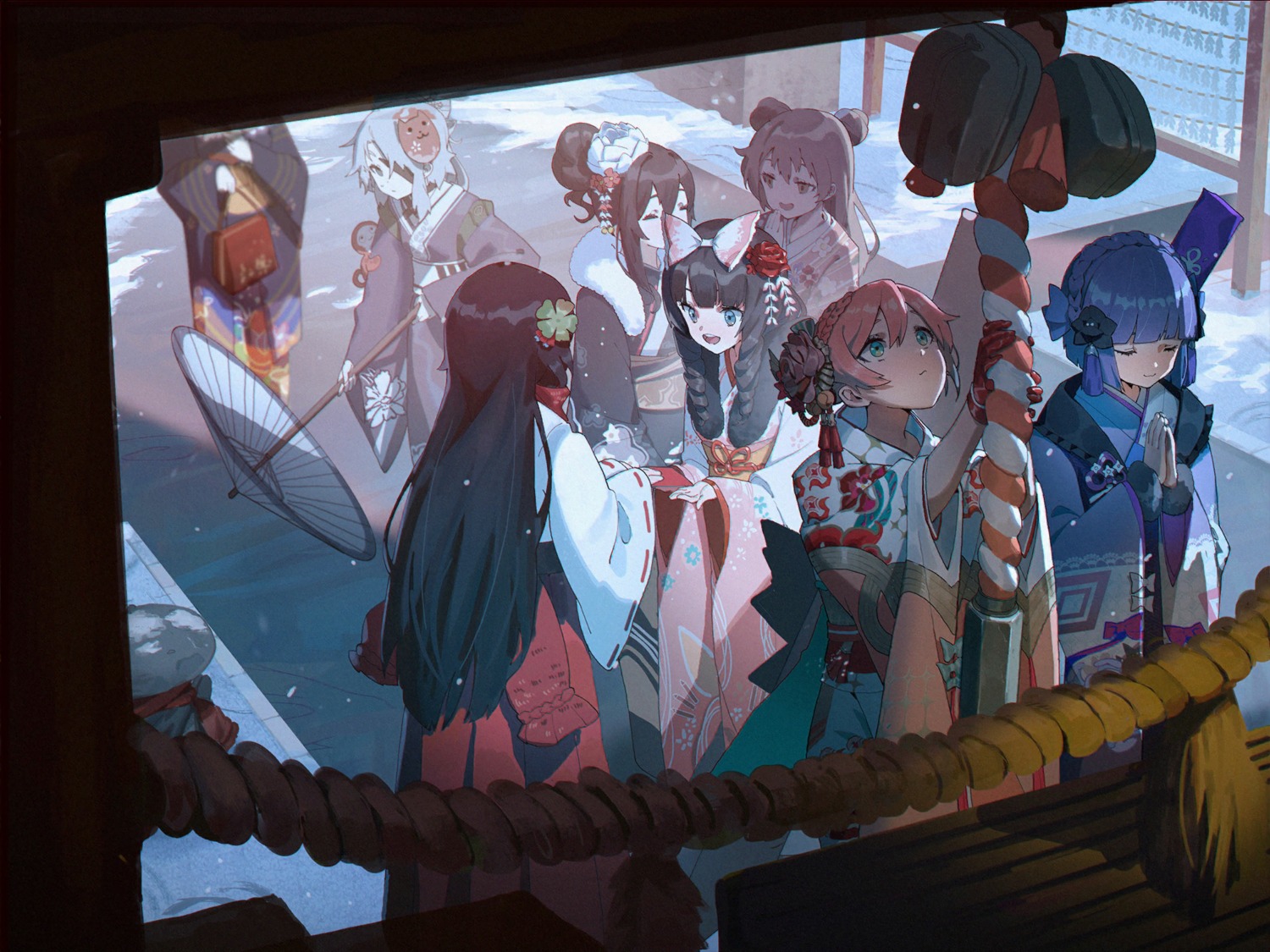 carcano_m1891_(girls_frontline), carcano_m91/38_(girls_frontline), girls_frontline, kimono, nishihara_isao, rfb_(girls_frontline), type_100_(girls_frontline), umbrella