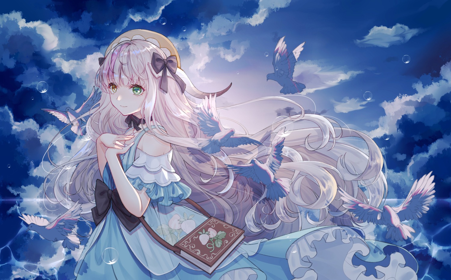 breast_hold, dress, heterochromia, horns, teatix