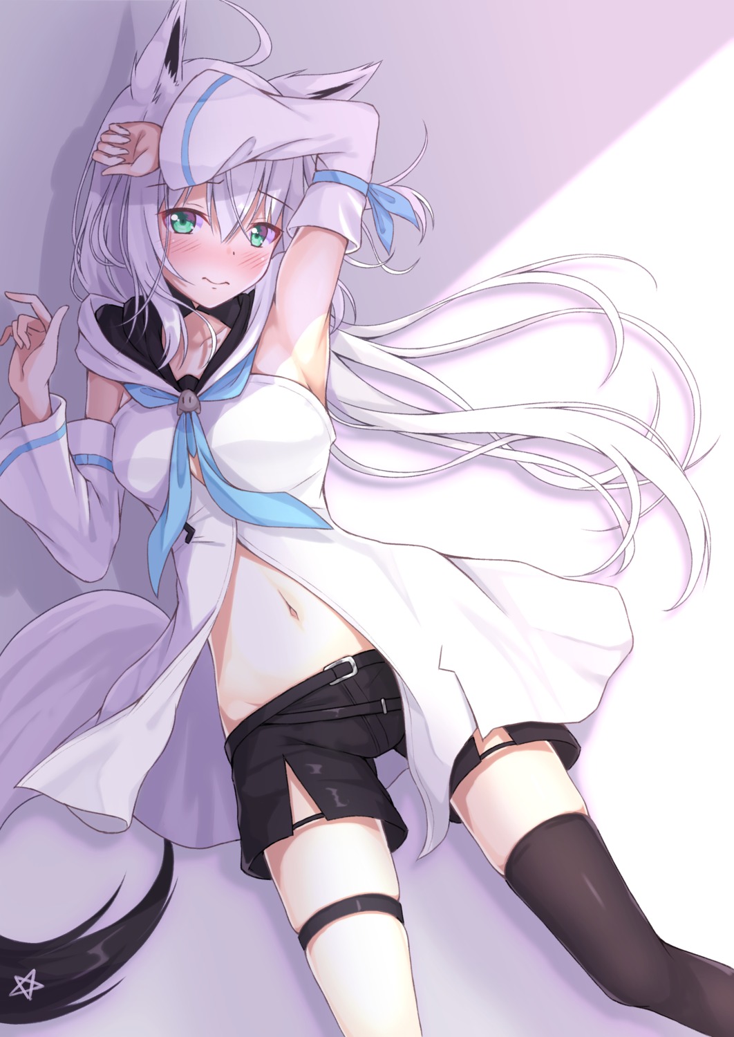 animal_ears, garter, hololive, hololive_gamers, kitsune, kugatsu_tooka, open_shirt, shirakami_fubuki