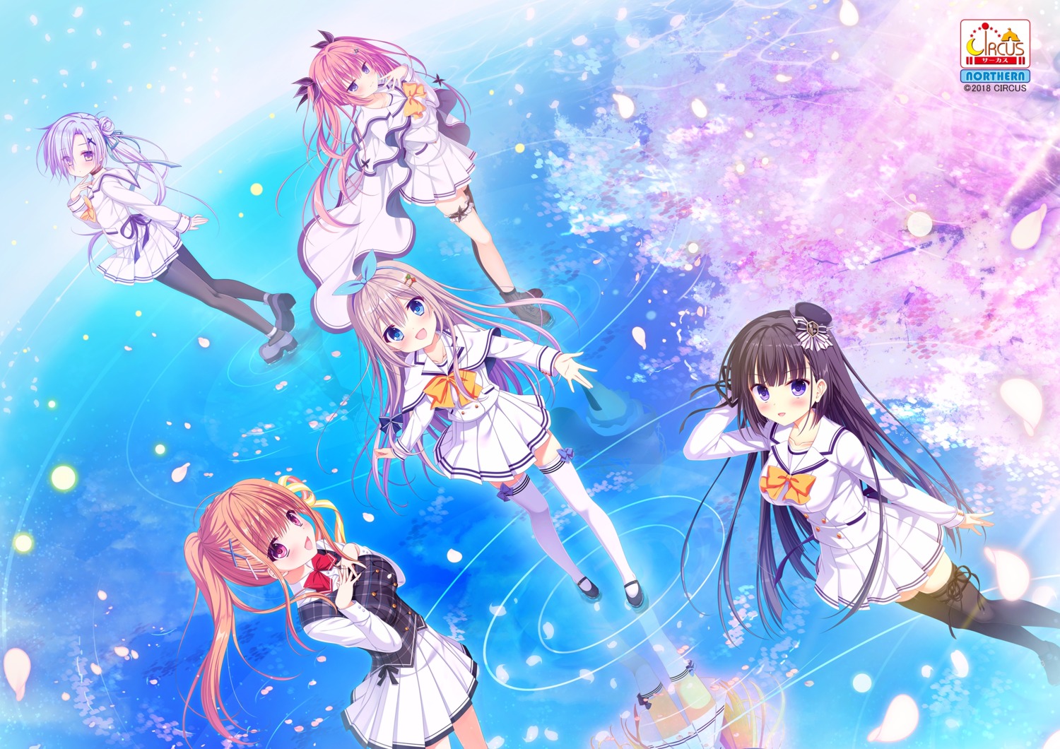 breast_hold, circus, da_capo_(series), da_capo_iv, garter, heels, houjou_shiina, mitsumomo_mamu, oumi_sorane, pantyhose, sagisawa_arisu, seifuku, shirakawa_hiyori, skirt_lift, takano_yuki, tanihara_natsuki, thighhighs, tokisaka_nino