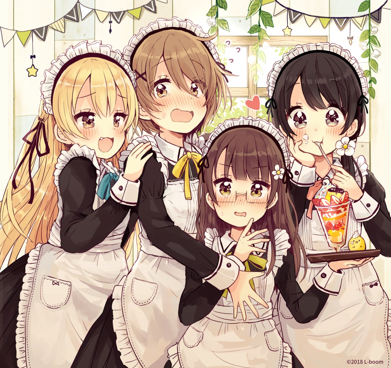 higuchi_kaede_(swing!), maid, megane, miyasato_haruka, okamoto_natsuhi, sakura_oriko, swing!!, waitress
