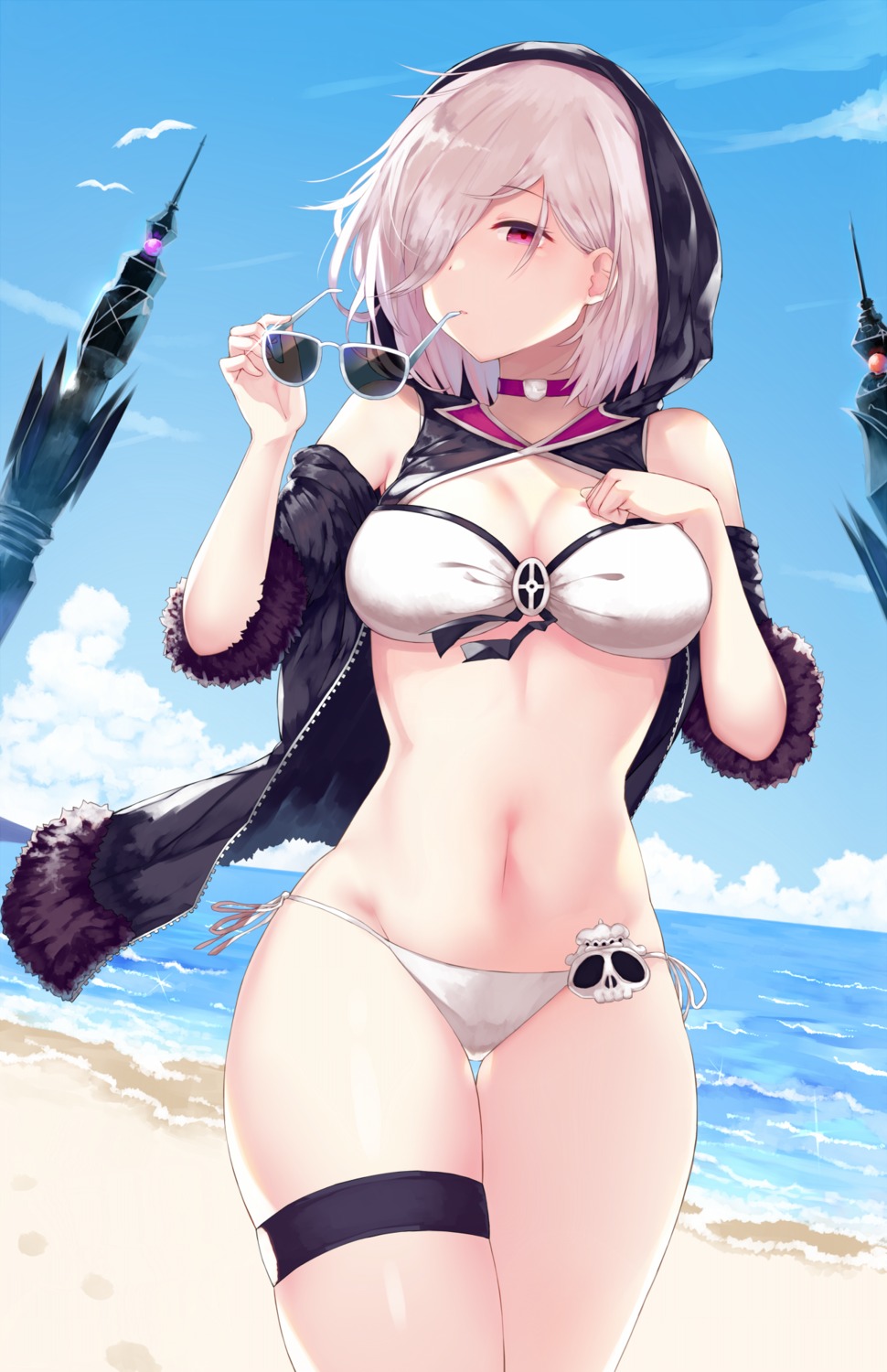 bikini, breast_hold, cleavage, garter, megane, open_shirt, shadowverse, swimsuits