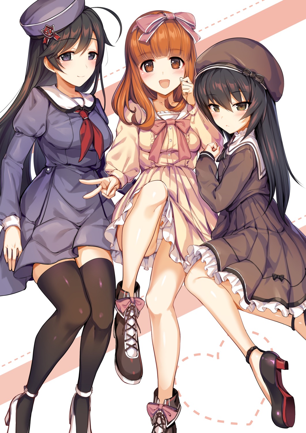 dress, girls_und_panzer, heels, icomochi, isuzu_hana, pantsu, reizei_mako, seifuku, skirt_lift, takebe_saori, thighhighs