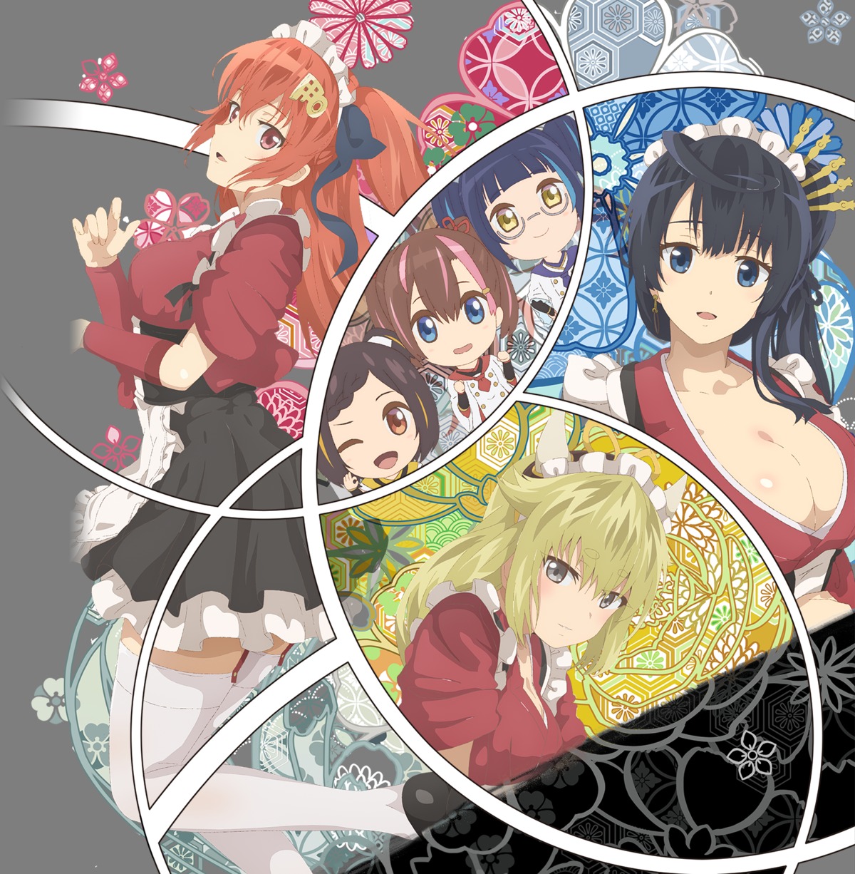 breast_hold, cleavage, goou_yoshimitsu, hocho_masamune, horinuki_masamune, japanese_clothes, jouizumi_masamune, kuwana_gou, megane, no_bra, open_shirt, stockings, sukashi_masamune, tagme, tenka_hyakken, thighhighs, waitress