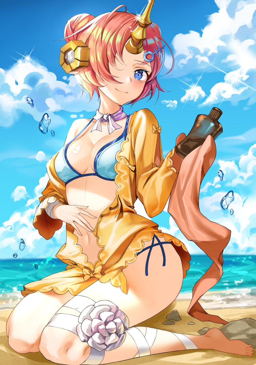 bandages, bikini, cleavage, fate/grand_order, frankenstein's_monster_(fate), harusame_(user_wawj5773), horns, open_shirt