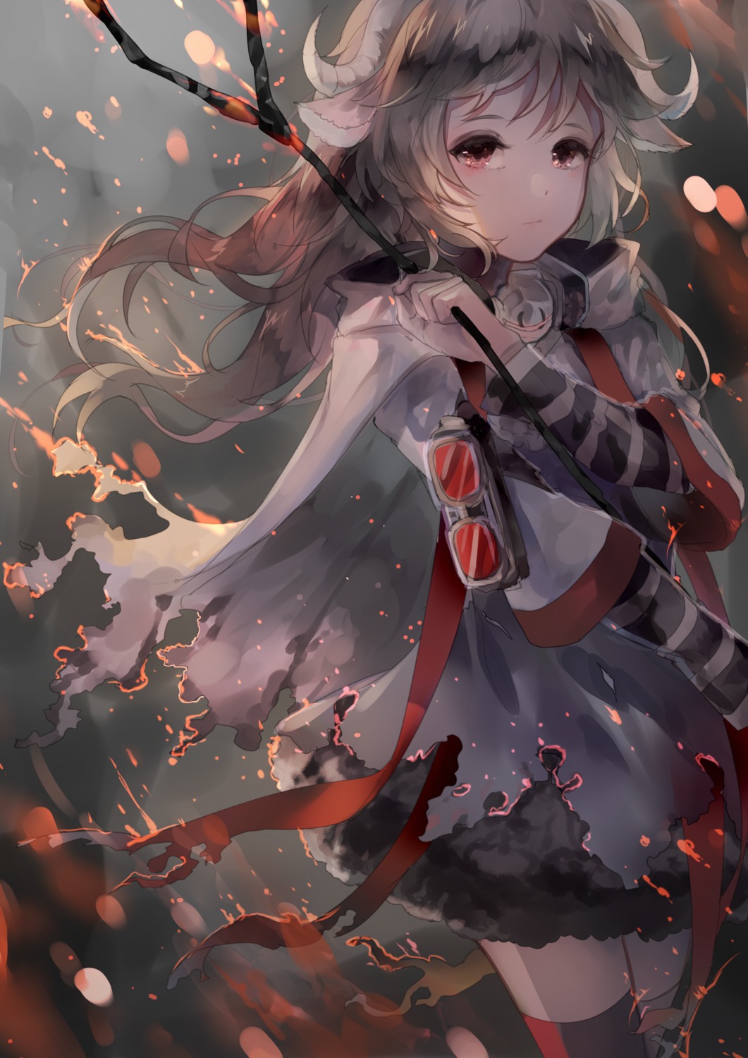 animal_ears, arknights, breast_hold, eyjafjalla_(arknights), horns, megane, thighhighs, torn_clothes