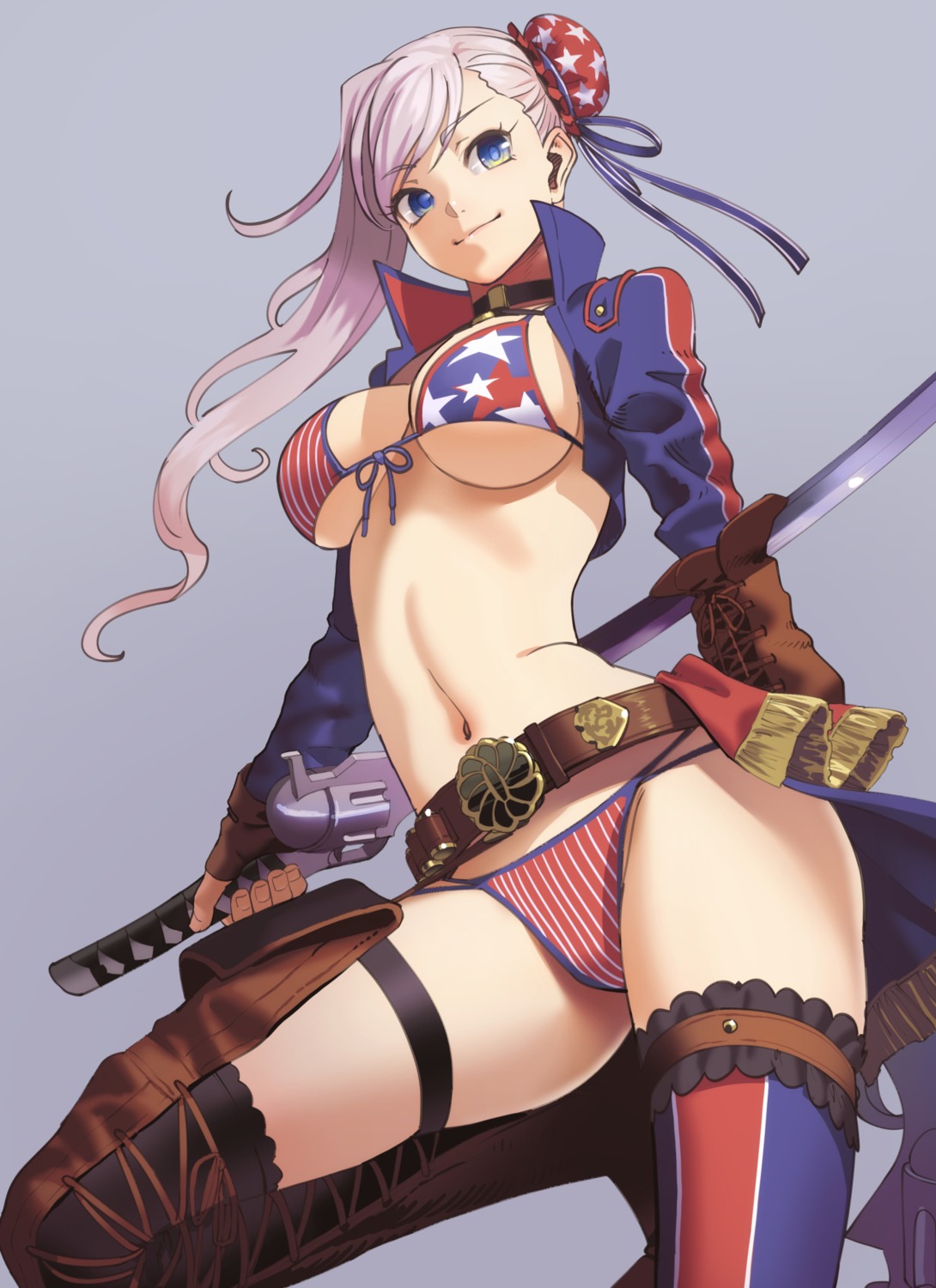 bikini, fate/grand_order, garter, miyamoto_musashi_(fate), moruga, swimsuits, sword, thighhighs