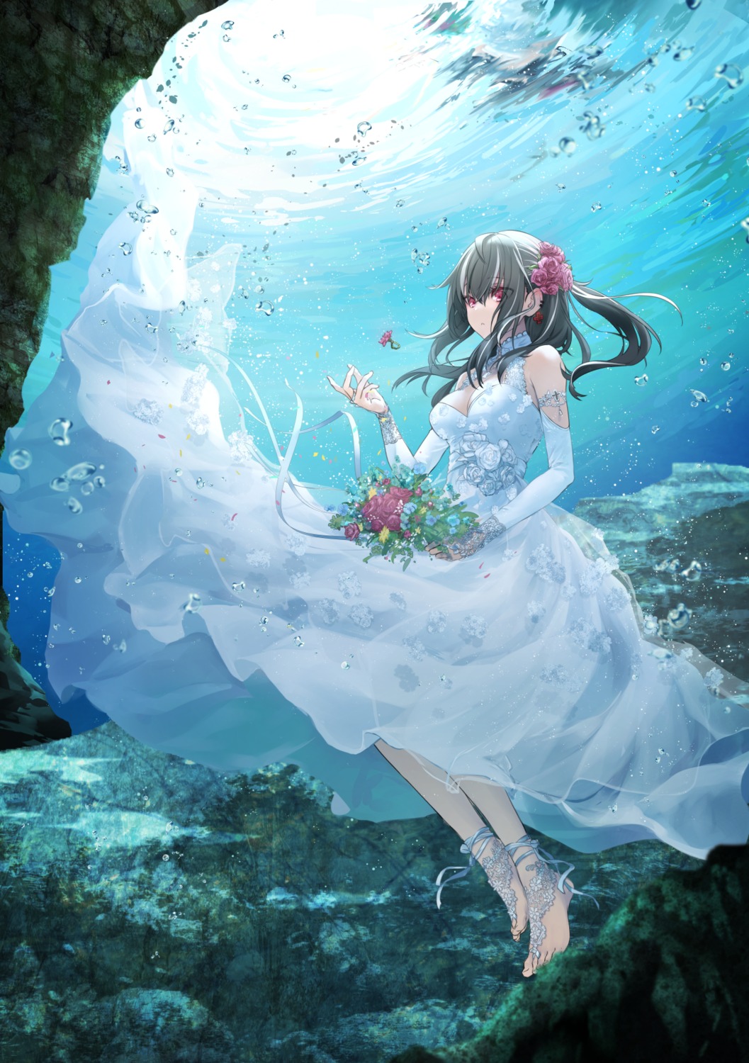 azur_lane, cleavage, dress, skirt_lift, sumi_(kjtd2458), u-47_(azur_lane), wedding_dress