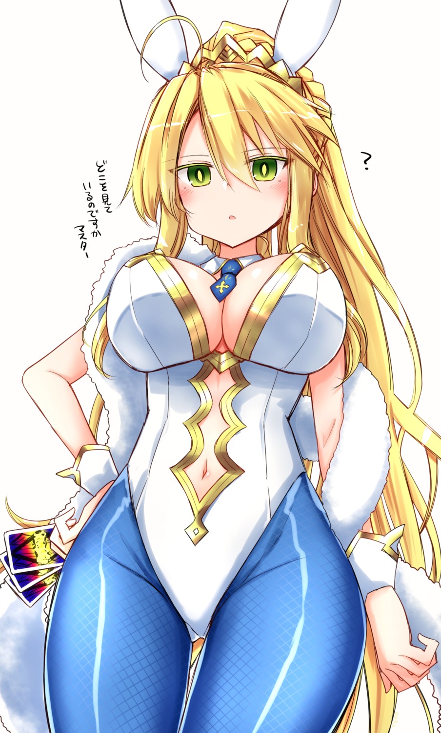 animal_ears, artoria_pendragon_(fate), bunny_ears, bunny_girl, cleavage, fate/grand_order, fishnets, hiiragi_miona, no_bra, pantyhose