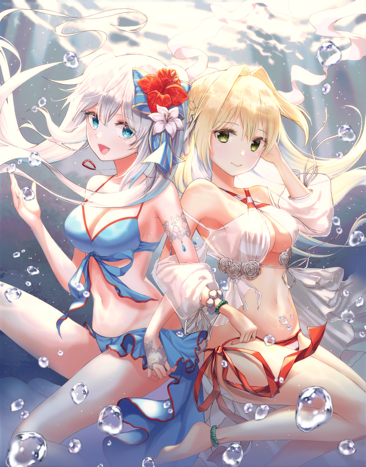 bikini, cleavage, fate/grand_order, marie_antoinette_(fate), nero_claudius_(fate), see_through, swimsuits, ueng