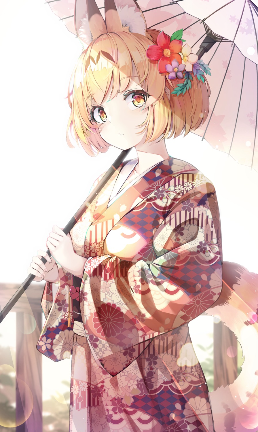 animal_ears, animal_ears_(artist), kemono_friends, kimono, serval, tail, umbrella
