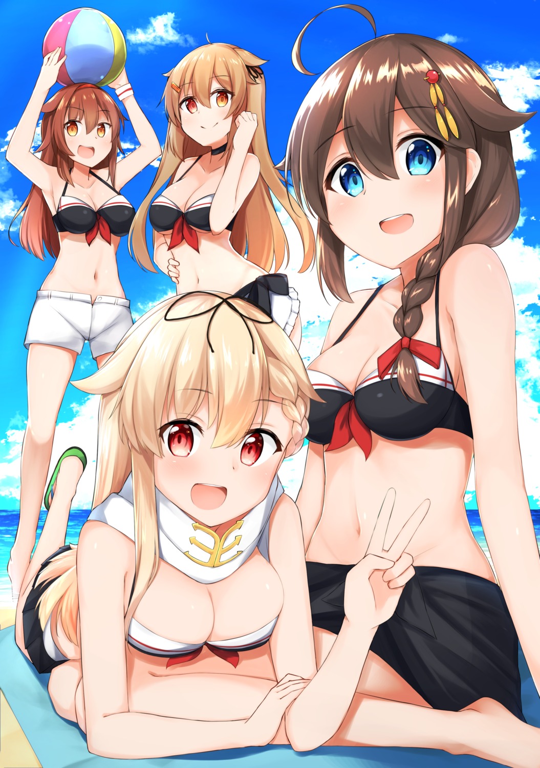 bikini, cleavage, kantai_collection, murasame_(kancolle), sakikumo_(sakumo), shigure_(kancolle), shiratsuyu_(kancolle), swimsuits, yuudachi_(kancolle)