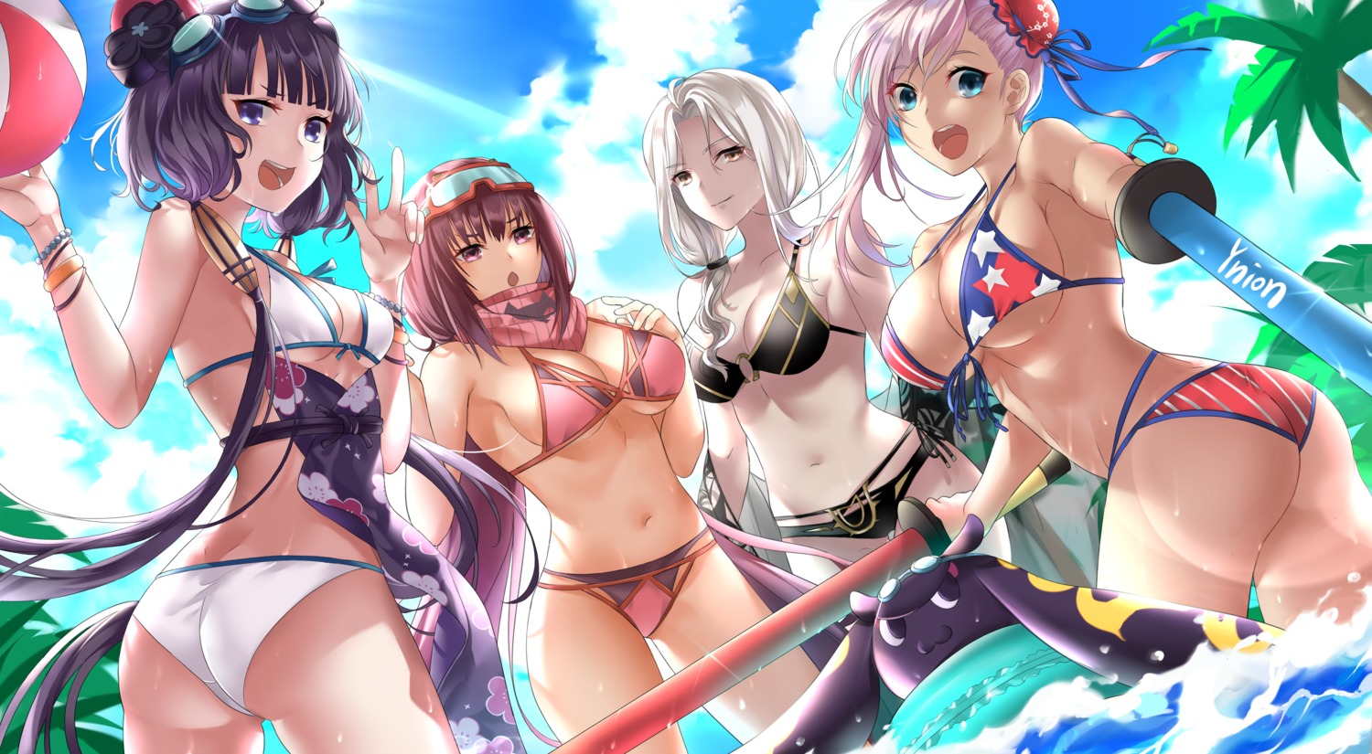 ass, bikini, carmilla_(fate/grand_order), cleavage, fate/grand_order, katsushika_hokusai_(fate), miyamoto_musashi_(fate), osakabehime_(fate), swimsuits, sword, underboob, wet, ysk