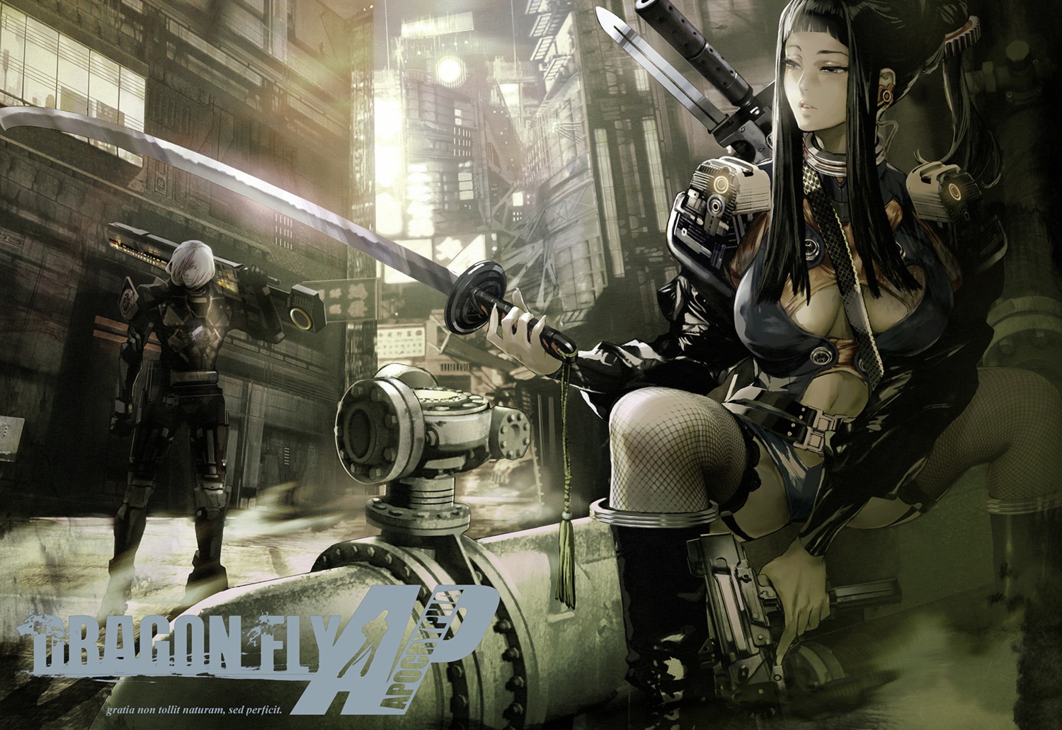 cleavage, fishnets, gun, maeshima_shigeki, stockings, sword, thighhighs