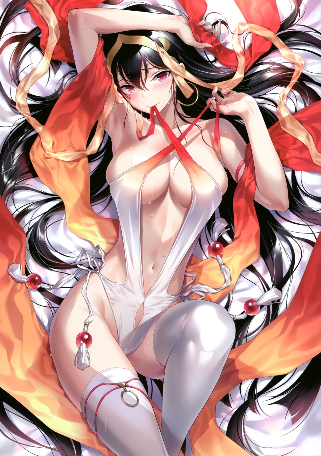 cleavage, fate/grand_order, kousaki_rui, swimsuits, thighhighs, undressing, wet, xuanzang_(fate)