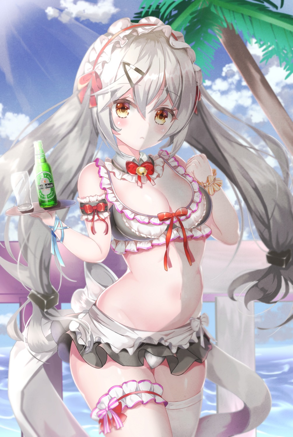 bikini, cleavage, garter, girls_frontline, maid, mg4_(girls_frontline), swimsuits, thighhighs