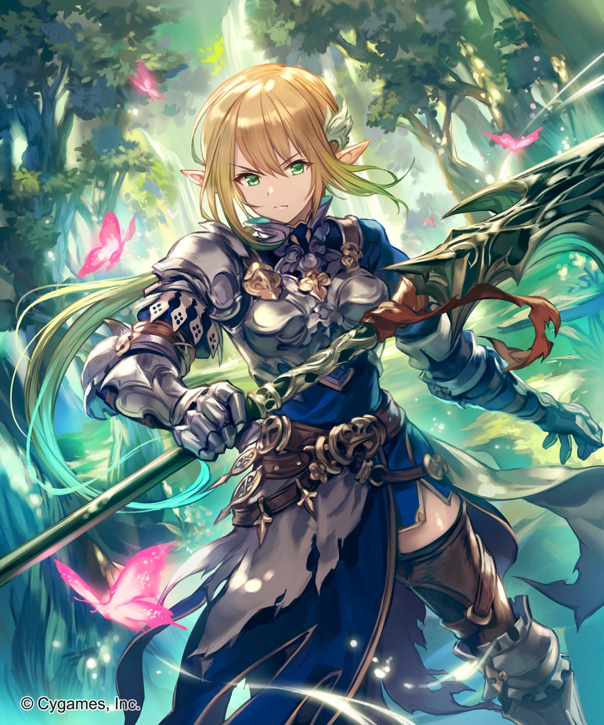 armor, lee_hyeseung, pointy_ears, shadowverse, thighhighs, weapon