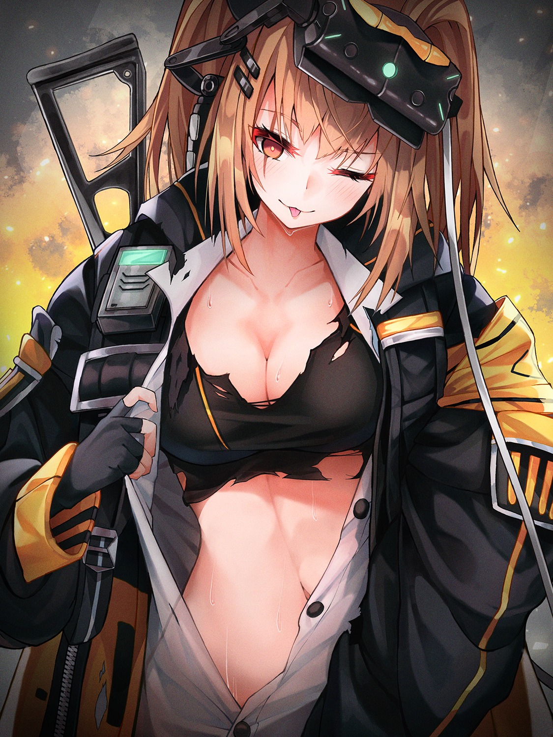 cleavage, girls_frontline, open_shirt, pot-palm, torn_clothes, ump9_(girls_frontline), undressing, wet