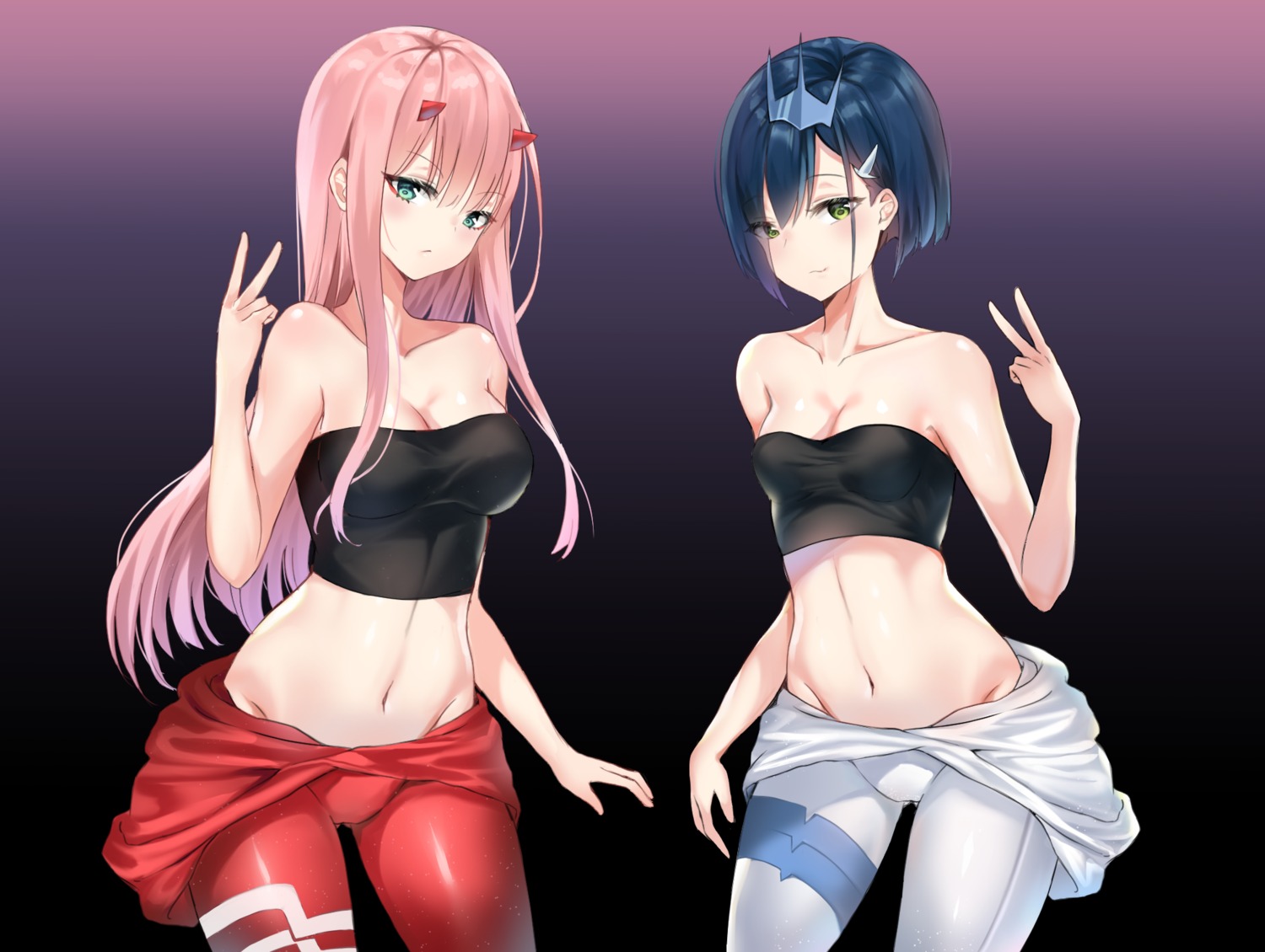 bodysuit, cleavage, dan_gan, darling_in_the_franxx, horns, ichigo_(darling_in_the_franxx), zero_two_(darling_in_the_franxx)