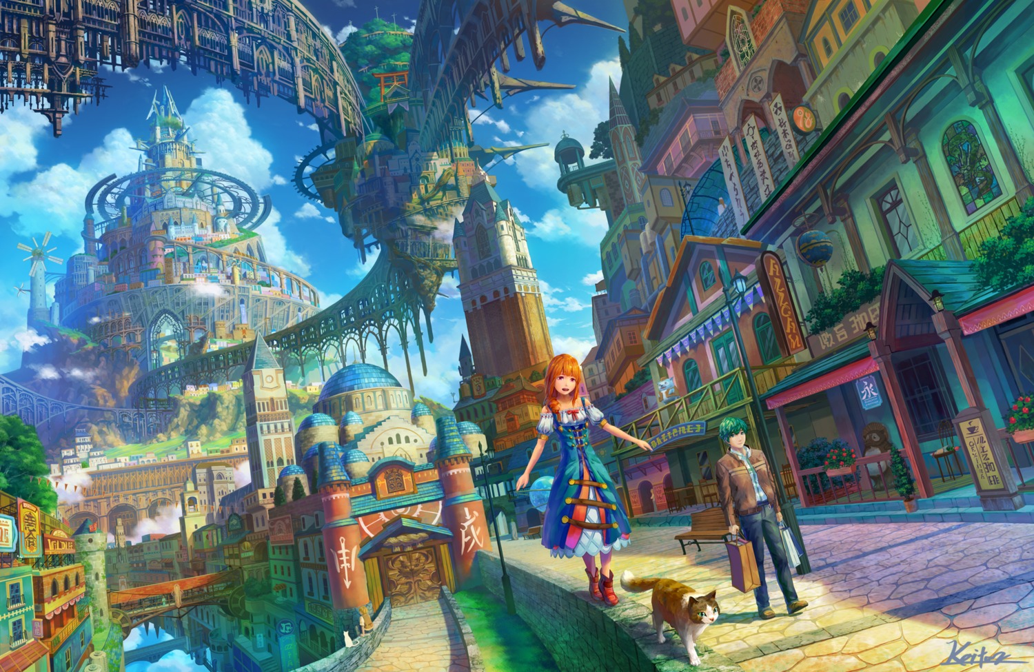 dress, kaitan, landscape, neko