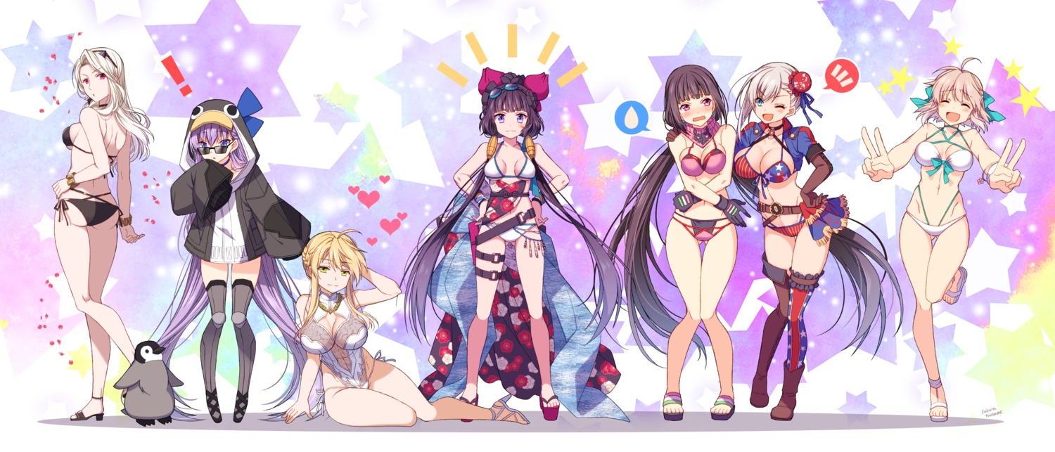 artoria_pendragon_(fate), ass, bikini, carmilla_(fate/grand_order), cleavage, fate/grand_order, garter, heels, japanese_clothes, katsushika_hokusai_(fate), megane, meltryllis, miyamoto_musashi_(fate), okita_souji_(fate), osakabehime_(fate), penguin, sakura_tsubame, see_through, swimsuits, thighhighs, underboob