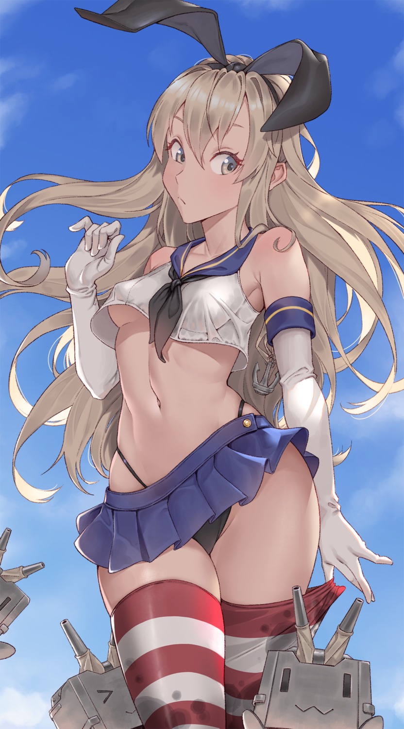 cheshirrr, kantai_collection, no_bra, pantsu, rensouhou-chan, seifuku, shimakaze_(kancolle), shirt_lift, thighhighs, underboob