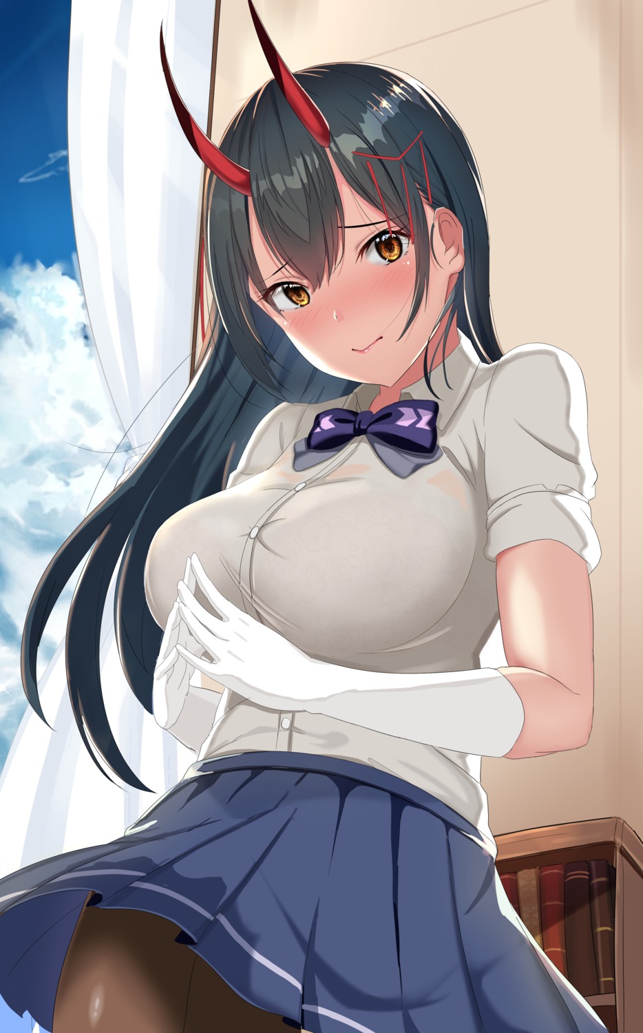 azur_lane, horns, nyannzou789, pantyhose, seifuku, skirt_lift, suzuya_(azur_lane)