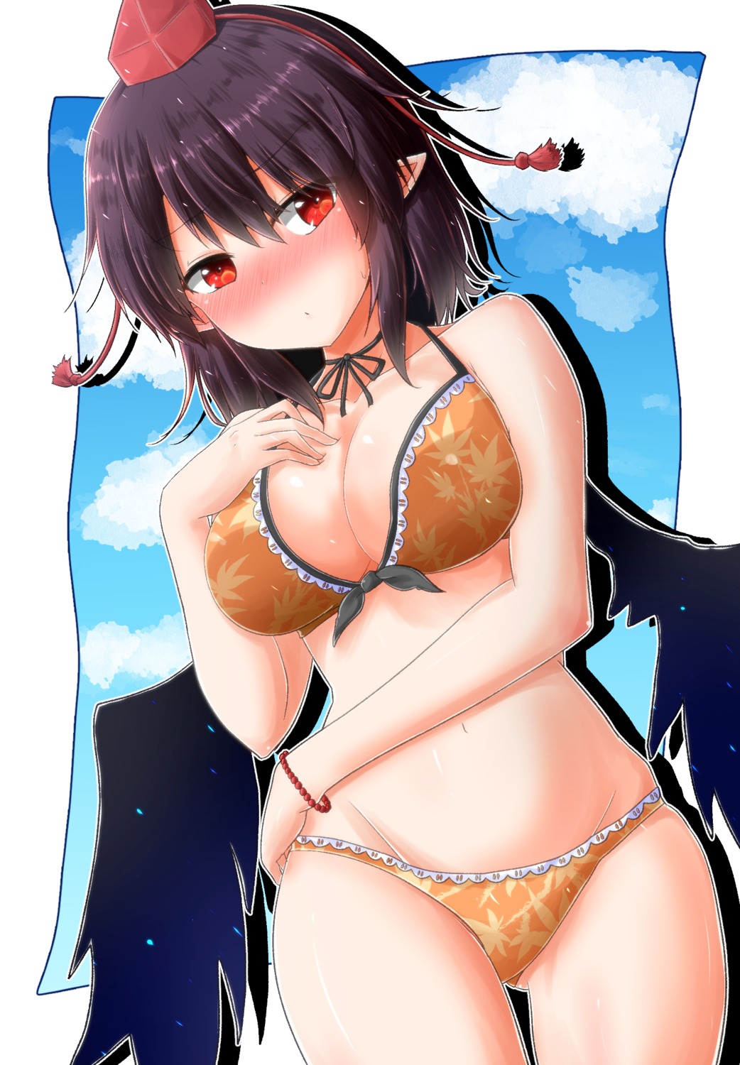 bikini, breast_hold, cleavage, oshiaki, pointy_ears, shameimaru_aya, swimsuits, touhou, wings