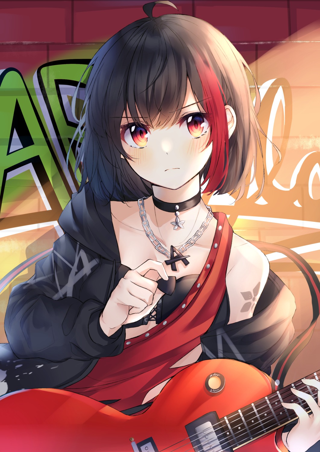bang_dream!, bra, cleavage, guitar, mitake_ran, open_shirt, yanggang